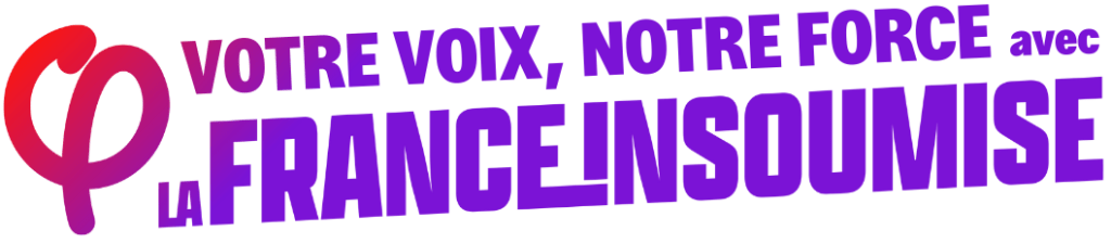 logo de liste Votre voix, notre force avec la France Insoumise avec le logo de la france insoumise dans un dégradé allant du rouge au violet